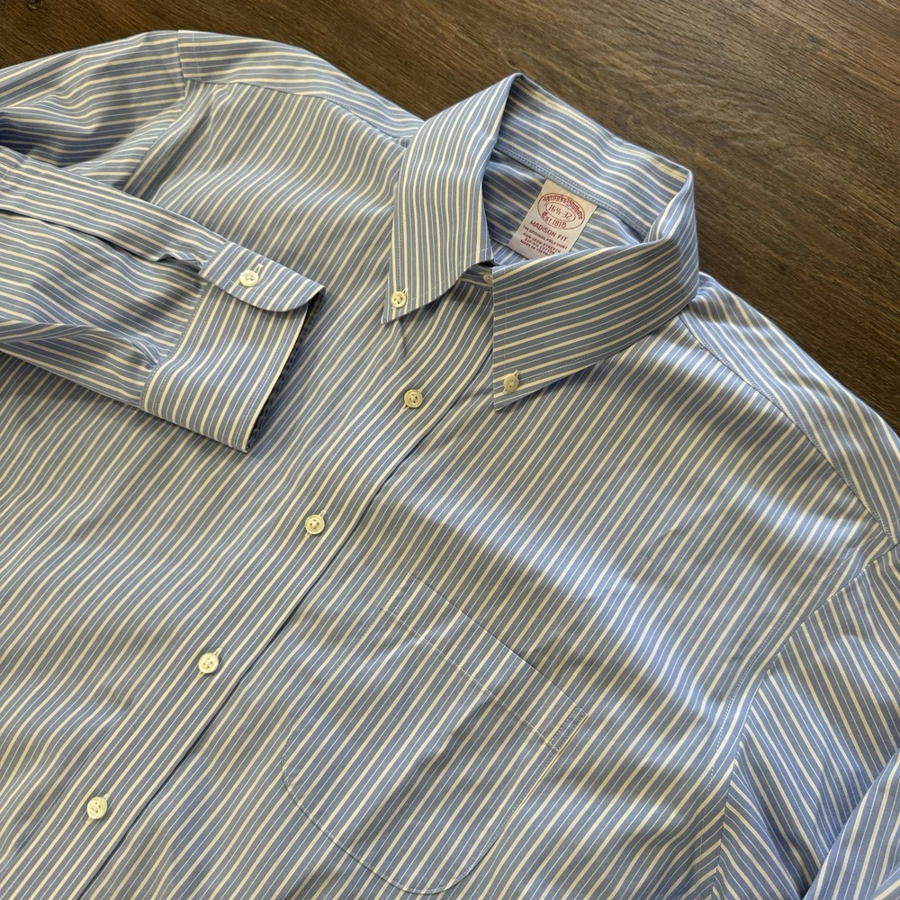 Brooks Brothers Madison Fit Men Sz 16.5-32 Striped White Blue‎ Classic READ